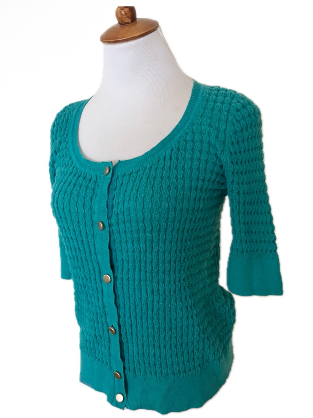 Sanctuary Vintage Teal Elbow -Sleeve Knit Button Down Cardigan